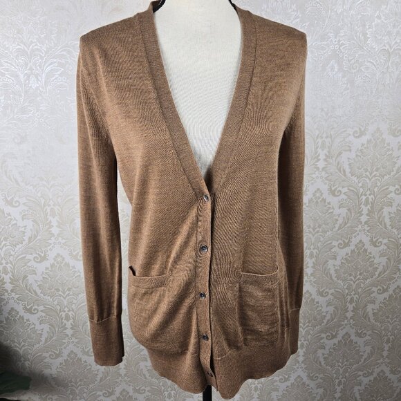 Gap Size Small Tan Vneck Button Front Cardigan Pockets 100% Fine Merino Wool - Picture 2 of 12